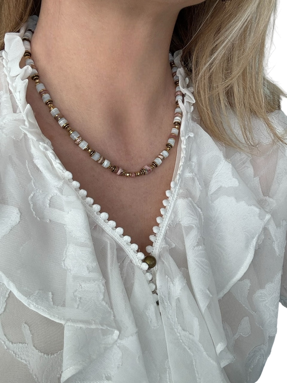 Collier Honolulu en Rhodocrosite et Nacre blanche