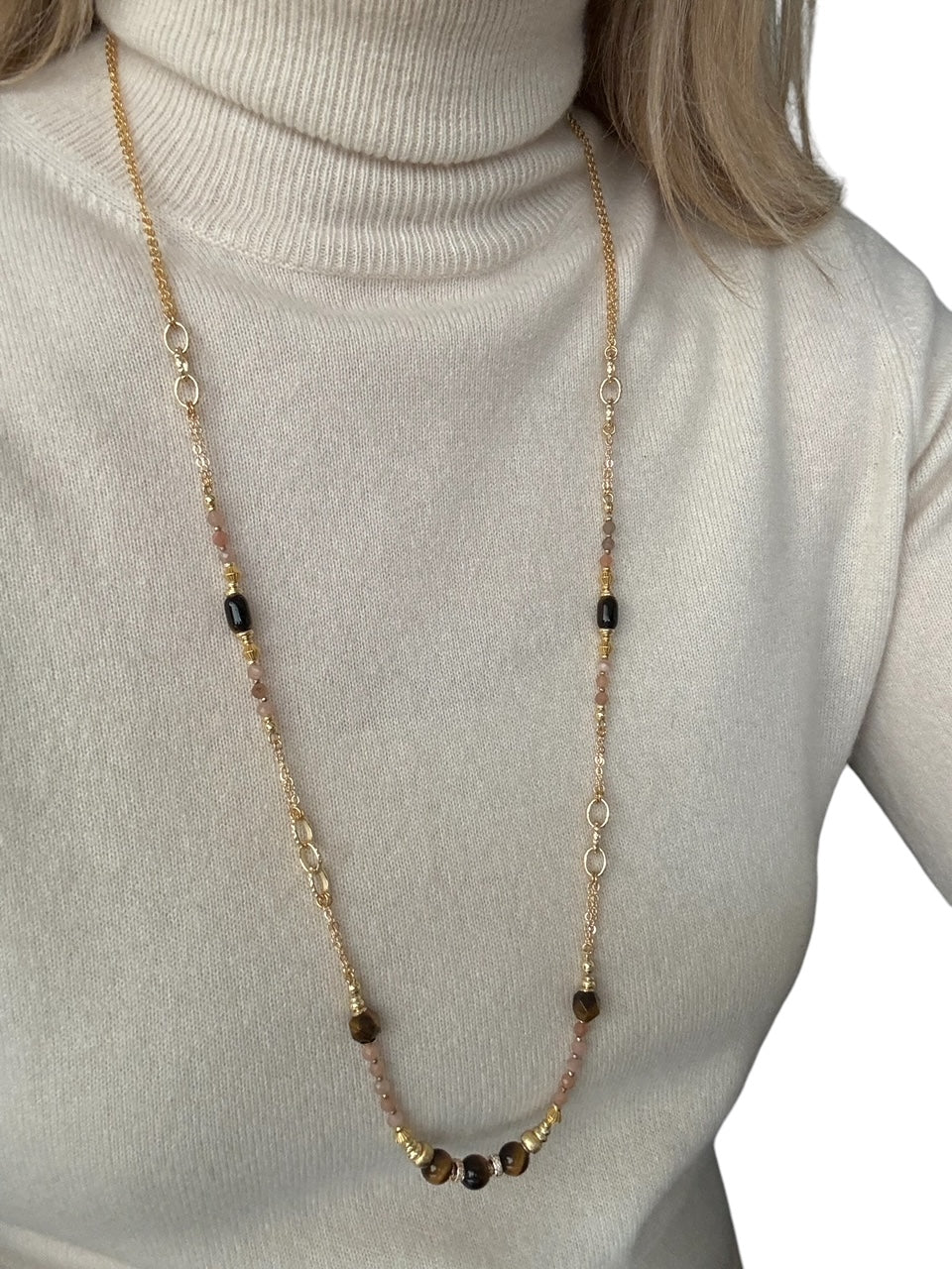 Sautoir Philippine en oeil de tigre et Pierre de soleil