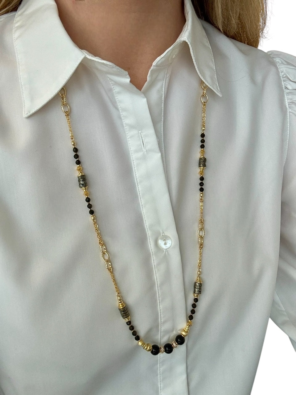 Sautoir Philippine en Obsidienne dorée et Pyrite