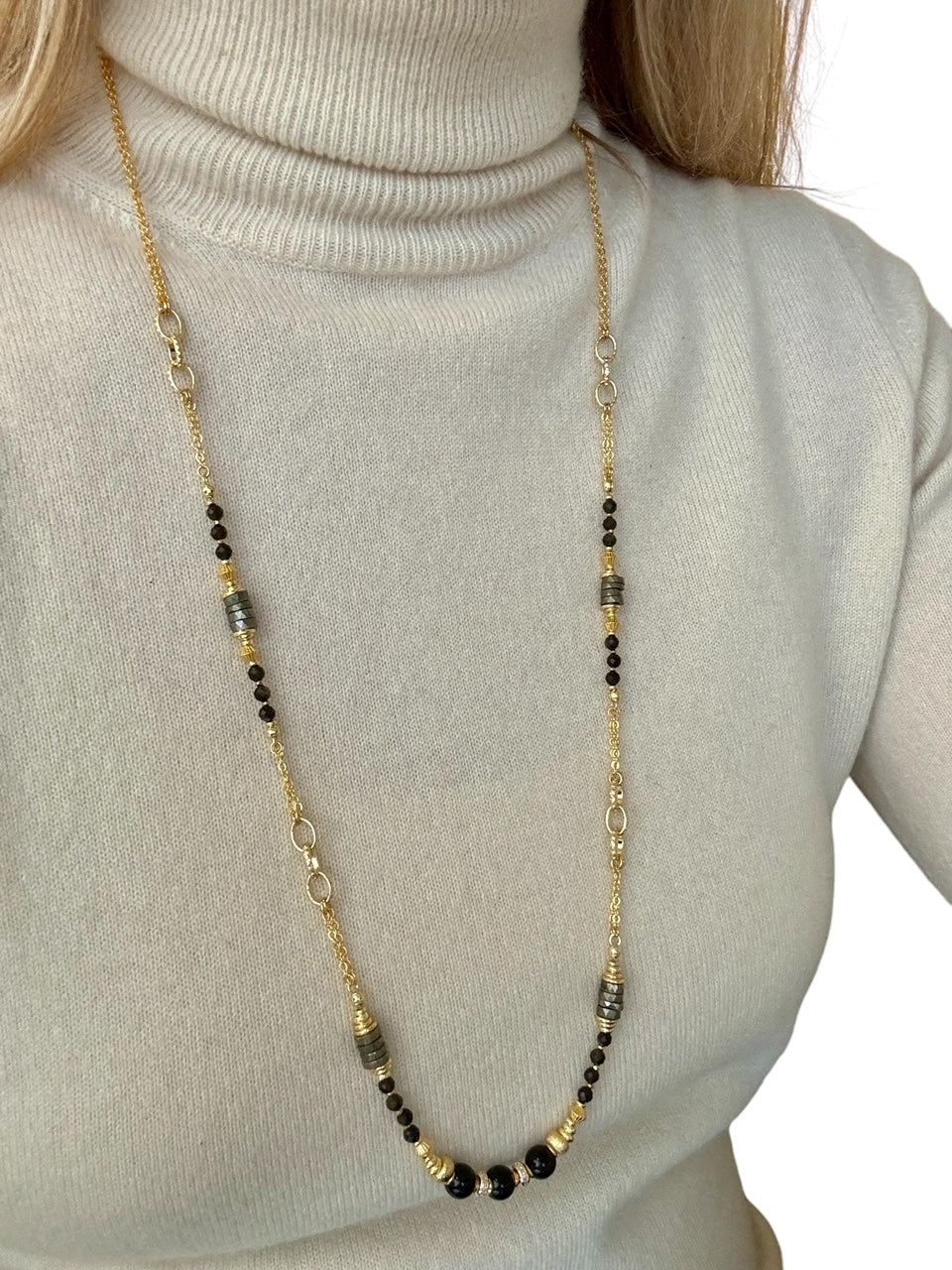 Sautoir Philippine en Obsidienne dorée et Pyrite