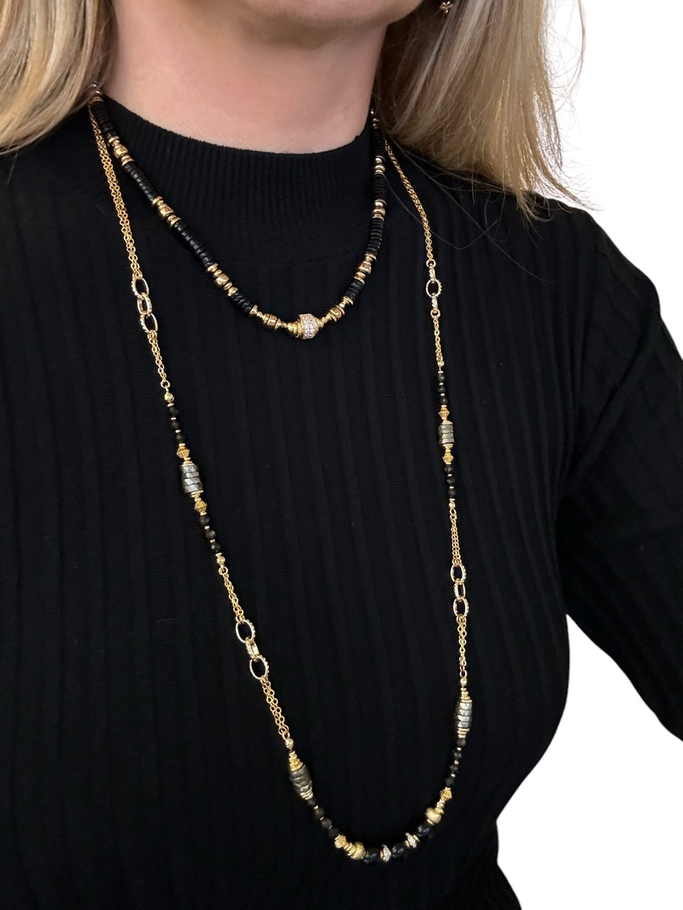 Sautoir Philippine en Obsidienne dorée et Pyrite