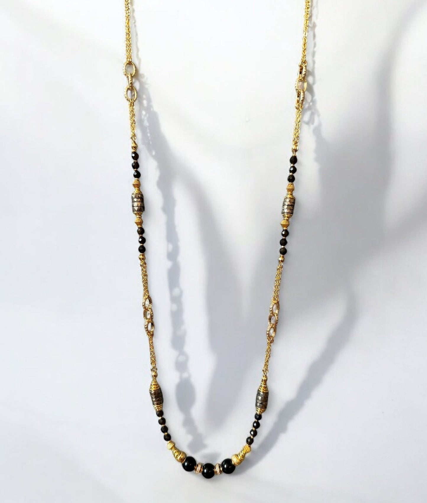Sautoir Philippine en Obsidienne dorée et Pyrite