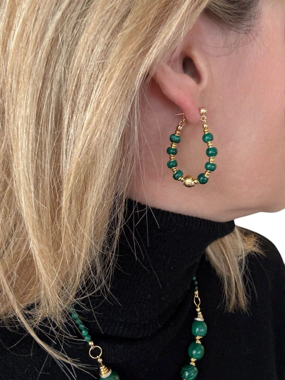 Boucles d'oreilles Diana créoles en Malachite