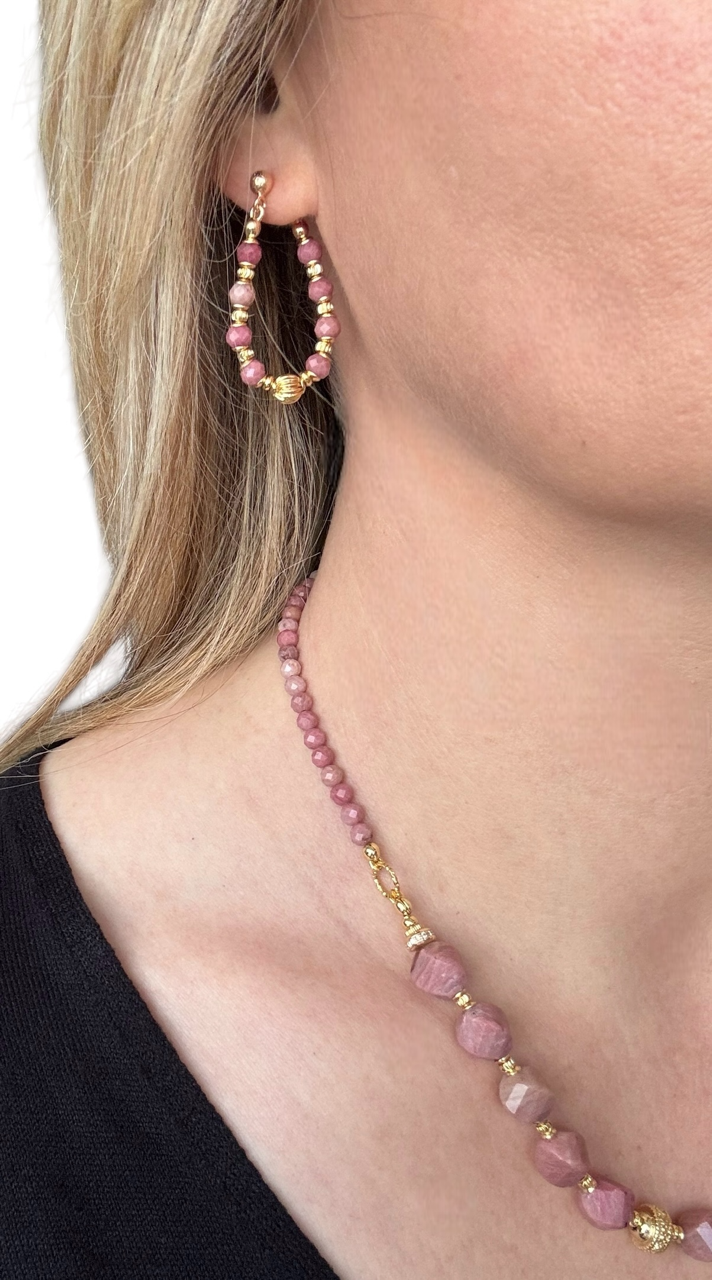 Boucles d'oreilles Diana créoles en Rhodonite
