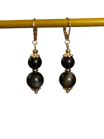 Boucles d'oreilles Luna longues en Obsidienne dorée