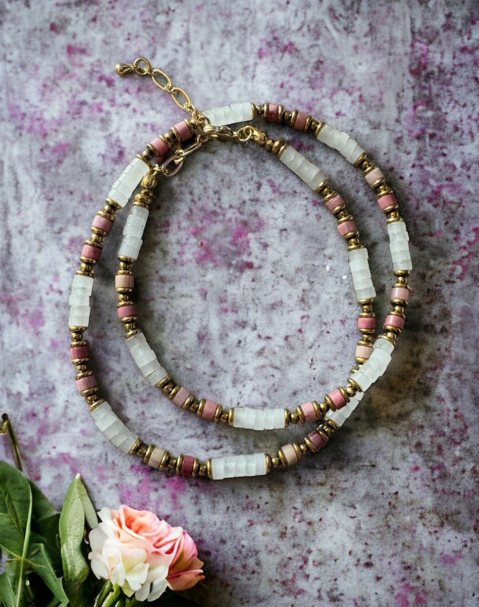 Collier Marbella en Rhodonite et Jade blanc