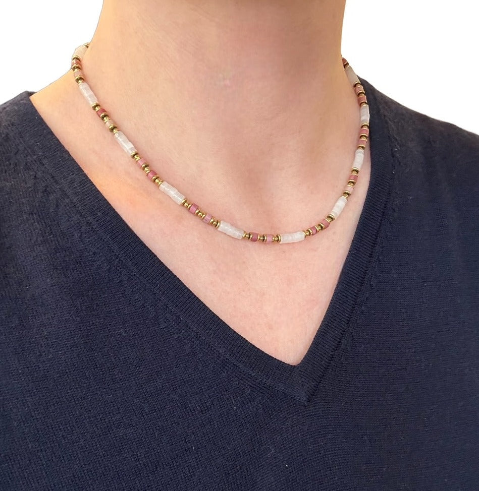 Collier Marbella en Rhodonite et Jade blanc