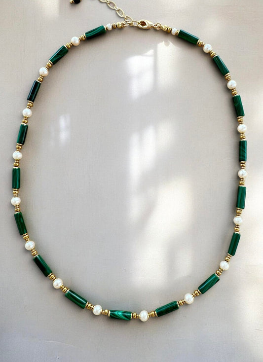 Collier Albane en Malachite et Perles de culture