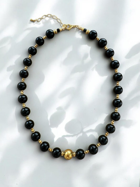 Collier Choker ajustable Elysséa en Onyx noir et Hématites dorées